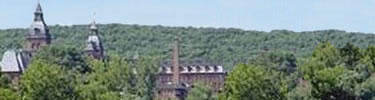 Steeples and towers peak through the thick forest on nearby hillsides